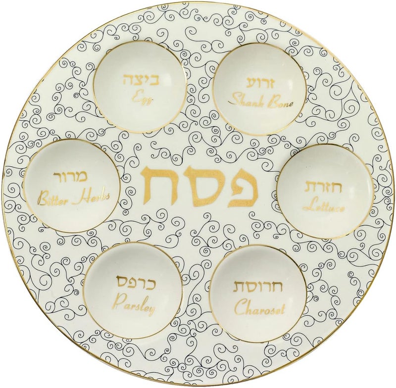 Rite Lite Classic White & Blue Curlicue Seder Plate With Gold Accents - Elegant & Modern Pesach Seder Dish Recipe Hebrew & English Haggadah Traditional Jewish Holiday Party Plate Decor Judaism Gifts - Image 1